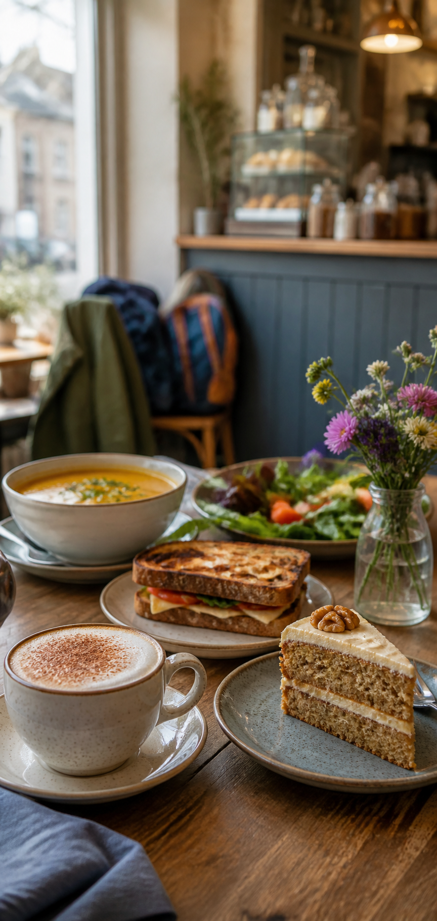 Coffee, cake, soup and toasted sandwich in a cozy cafe